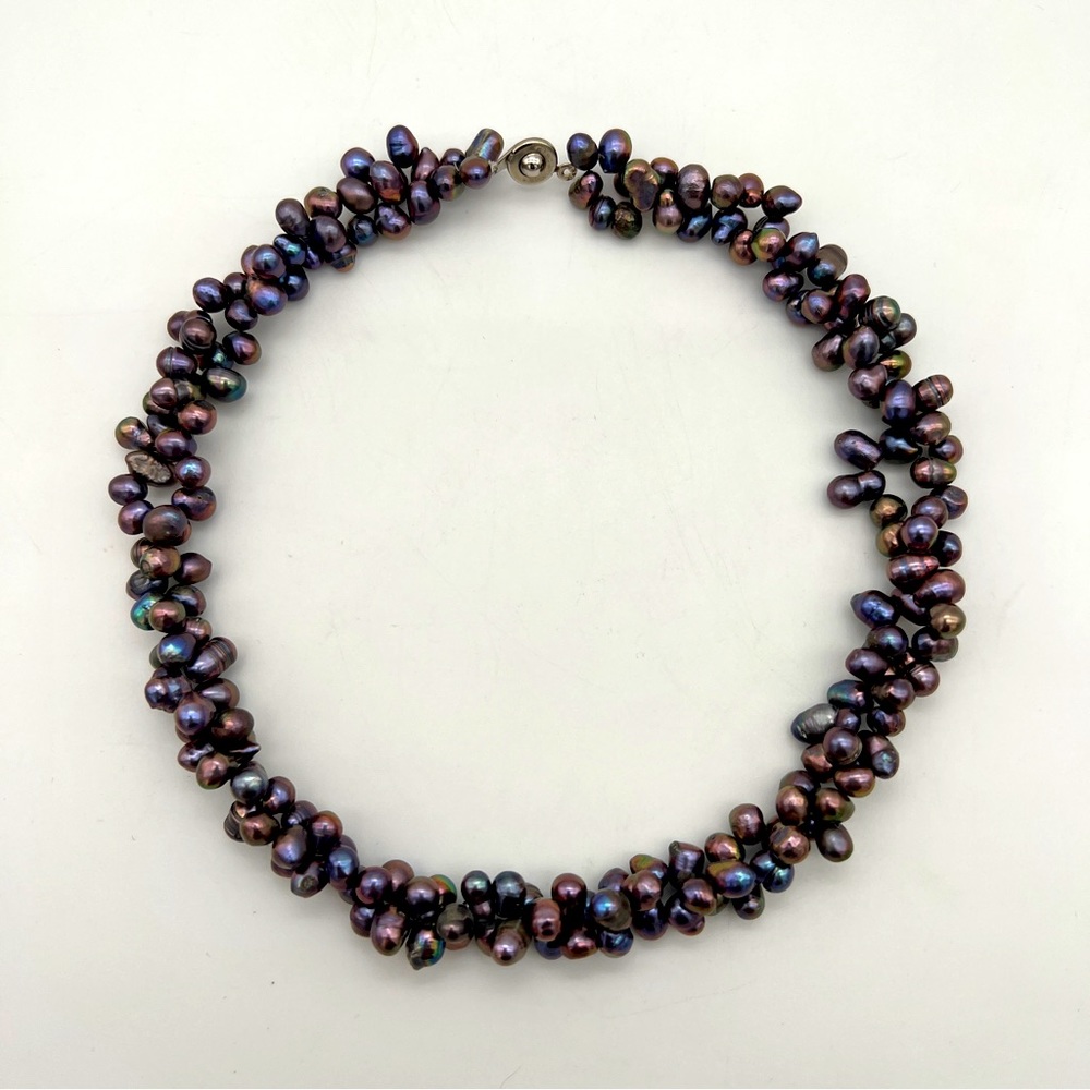 Twisted Double Strand Natural Black Pearl Collar Necklace